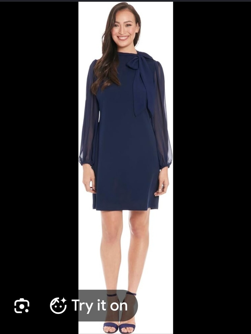 Elegant Navy Bow-Tie Sheer Sleeve Dress